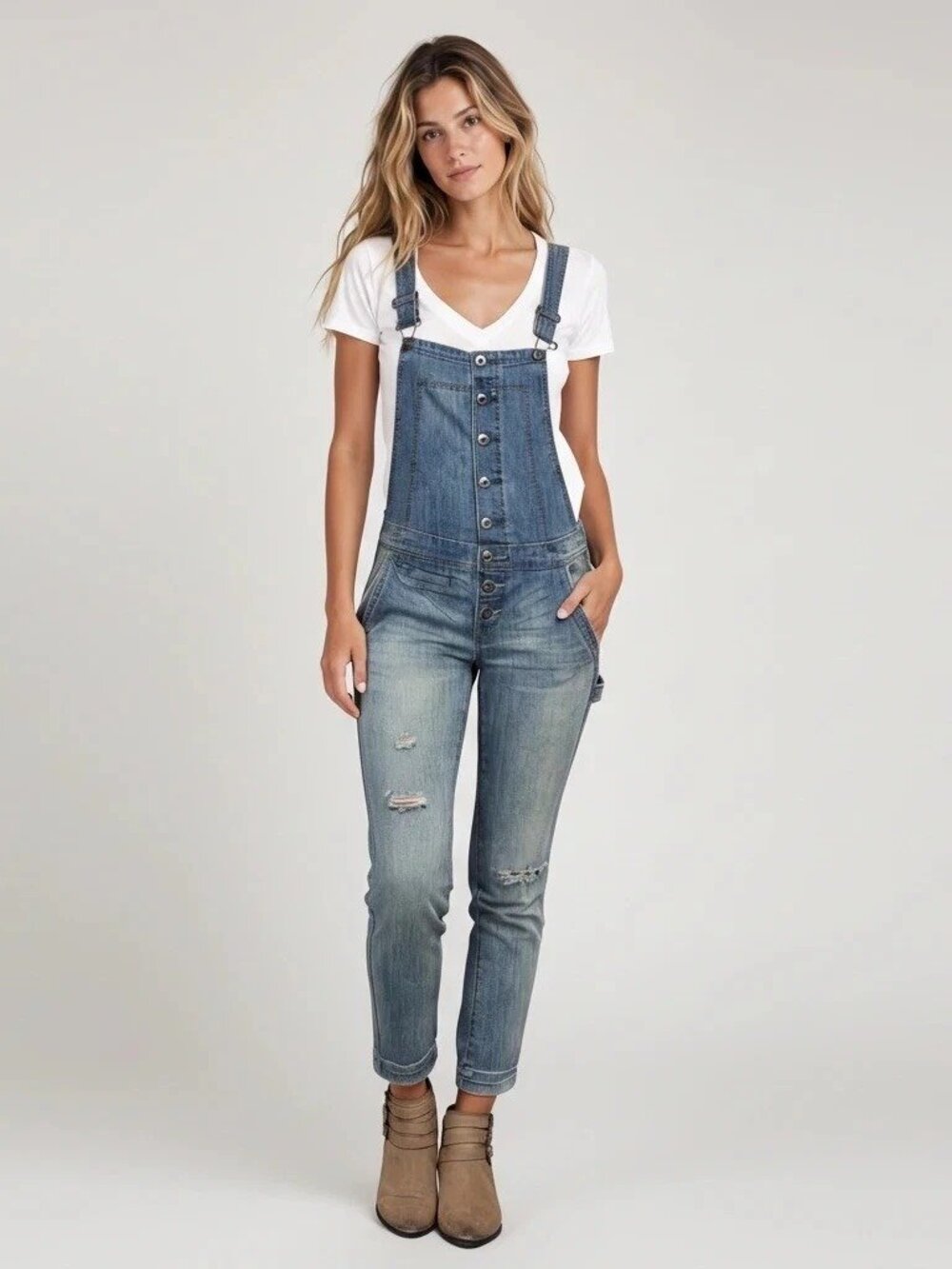 Free People High Roller Denim Overalls Distressed Sz 28” Waist US Sz 6 - Picture 2 of 16